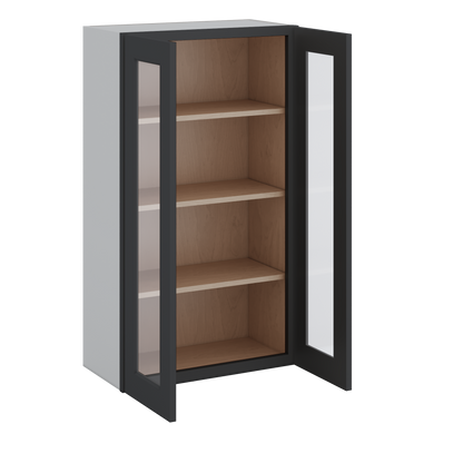Double Door 24", 27", 30", 33" & 36" - 42" Tall Wall Cabinet Black Shaker 1-1/4" Overlay Glass Ready Wall Cabinet -