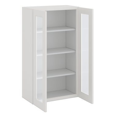 42" Tall 2WS White Shaker 1-1/4" Overlay Wall Glass Cabinet - Double Door 24", 27", 30", 33", 36"