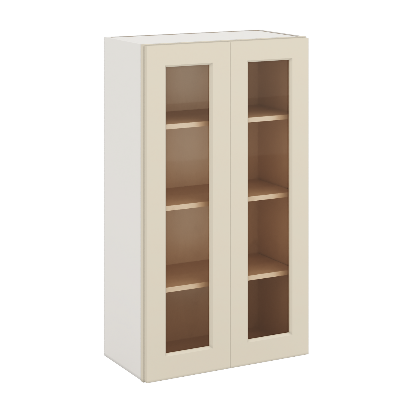 42" Tall Manhattan Cream Shaker 1-1/4" Overlay Wall Glass Cabinet - Double Door 24", 27", 30", 33", 36"