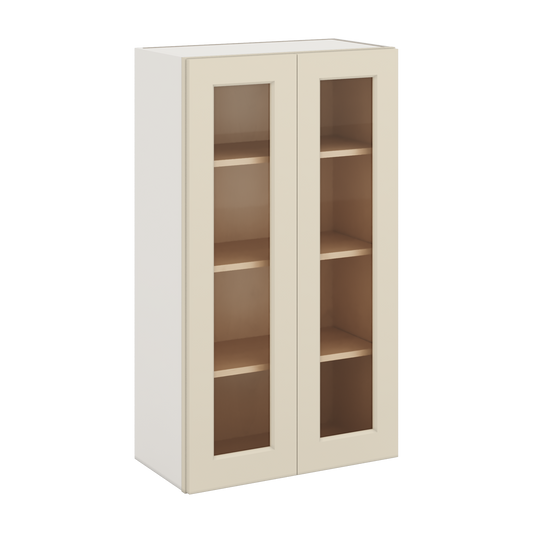 42" Tall Manhattan Cream Shaker 1-1/4" Overlay Wall Glass Cabinet - Double Door 24", 27", 30", 33", 36"