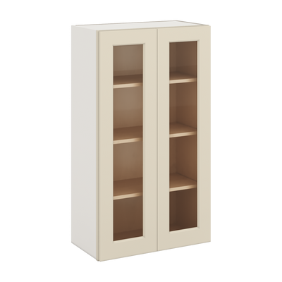 42" Tall Manhattan Cream Shaker 1-1/4" Overlay Wall Glass Cabinet - Double Door 24", 27", 30", 33", 36"