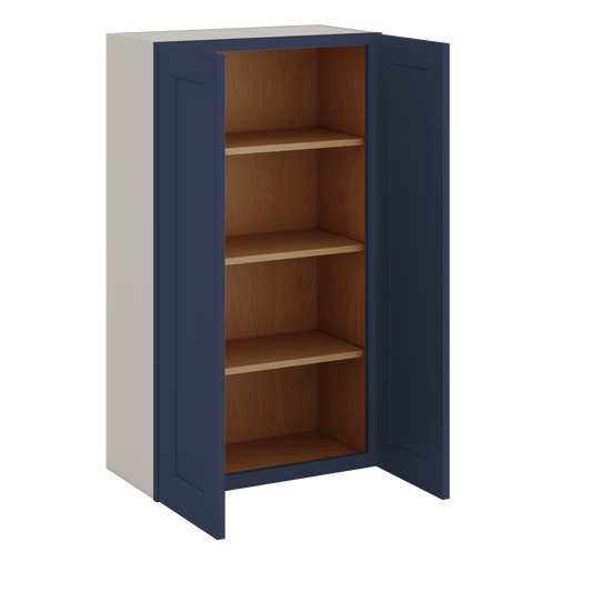 42" Tall NB29- Naval Blue Shaker 1-1/4" Overlay Wall Cabinet - Double Door 24", 27", 30", 33", 36"