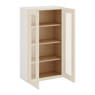 42" Tall Manhattan Cream Shaker 1-1/4" Overlay Wall Glass Cabinet - Double Door 24", 27", 30", 33", 36"