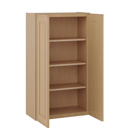 Natural oak elegant craftsman shaker double-door wall 24"–42" rta kitchen cabinet – angle view