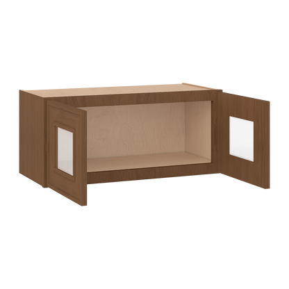 12" Tall 12" Deep - 12", 15", 18", 21", 24", 27", 30", 33" & 36" Wide Glass Door Stacker | Wall Mocha Elegant Oak Craftsman Shaker 1-1/4" Overlay Wall Cabinet