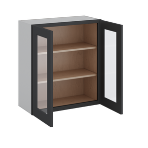 30" Tall 15HNS Hermosa Noir Black Shaker 1-1/4" Overlay Wall Glass Cabinet - Double Door 24", 27", 30", 33" & 36" Wide