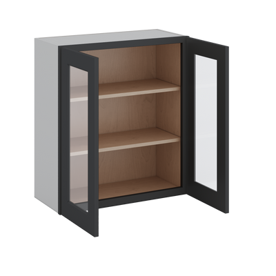 30" Tall 15HNS Hermosa Noir Black Shaker 1-1/4" Overlay Wall Glass Cabinet - Double Door 24", 27", 30", 33" & 36" Wide