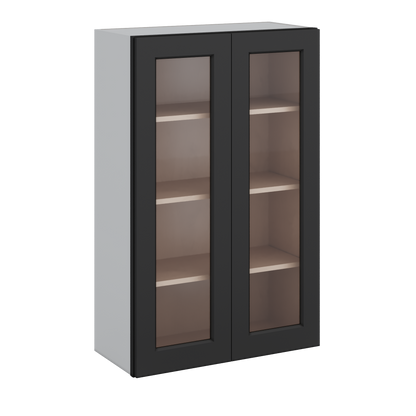Double Door 24", 27", 30", 33" & 36" - 42" Tall Wall Cabinet Black Shaker 1-1/4" Overlay Glass Ready Wall Cabinet -
