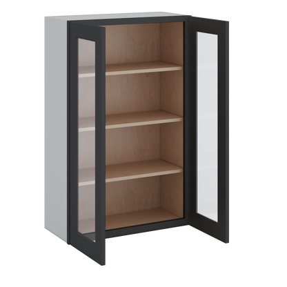 Double Door 24", 27", 30", 33" & 36" - 42" Tall Wall Cabinet Black Shaker 1-1/4" Overlay Glass Ready Wall Cabinet -