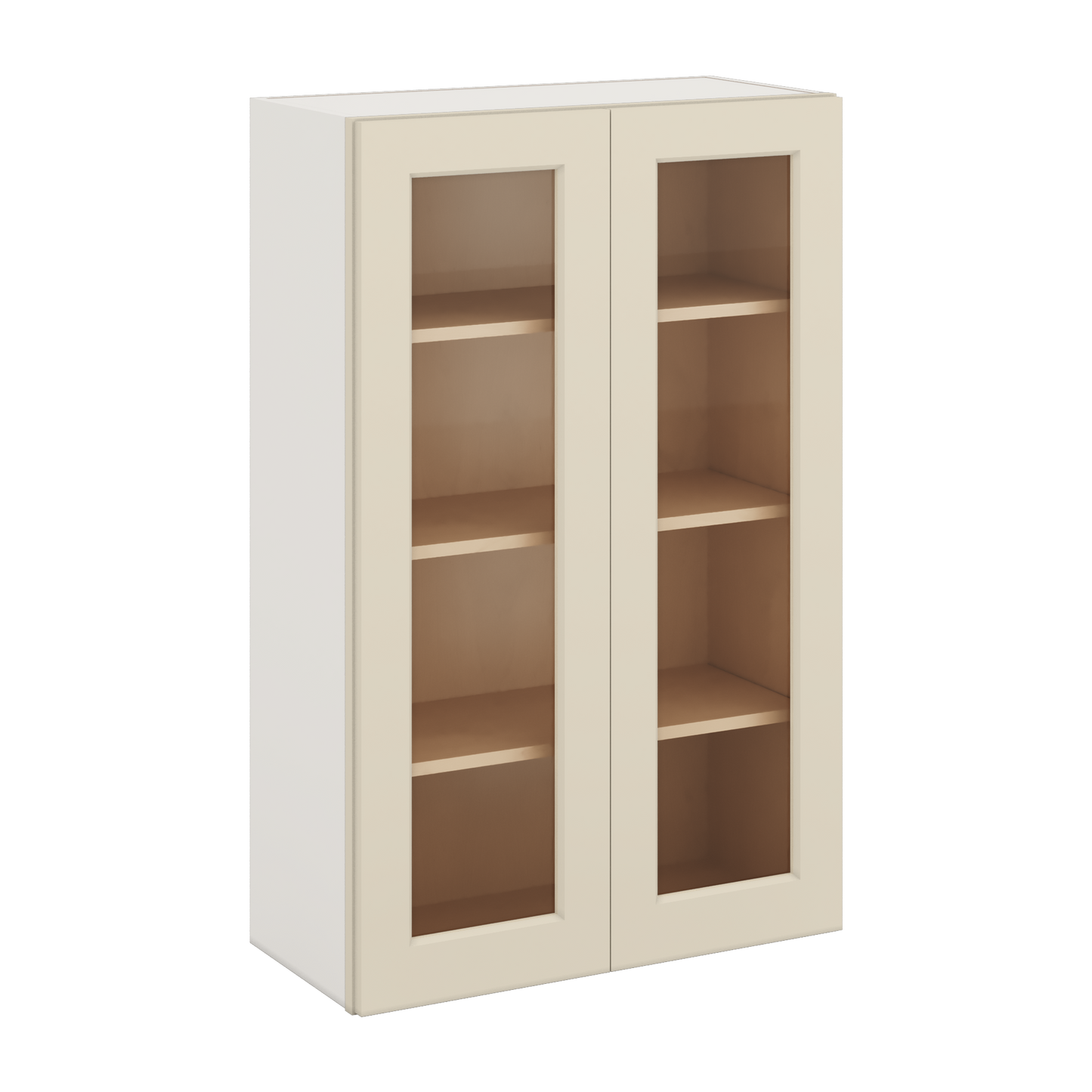 42" Tall Manhattan Cream Shaker 1-1/4" Overlay Wall Glass Cabinet - Double Door 24", 27", 30", 33", 36"