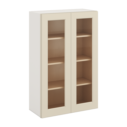 42" Tall Manhattan Cream Shaker 1-1/4" Overlay Wall Glass Cabinet - Double Door 24", 27", 30", 33", 36"