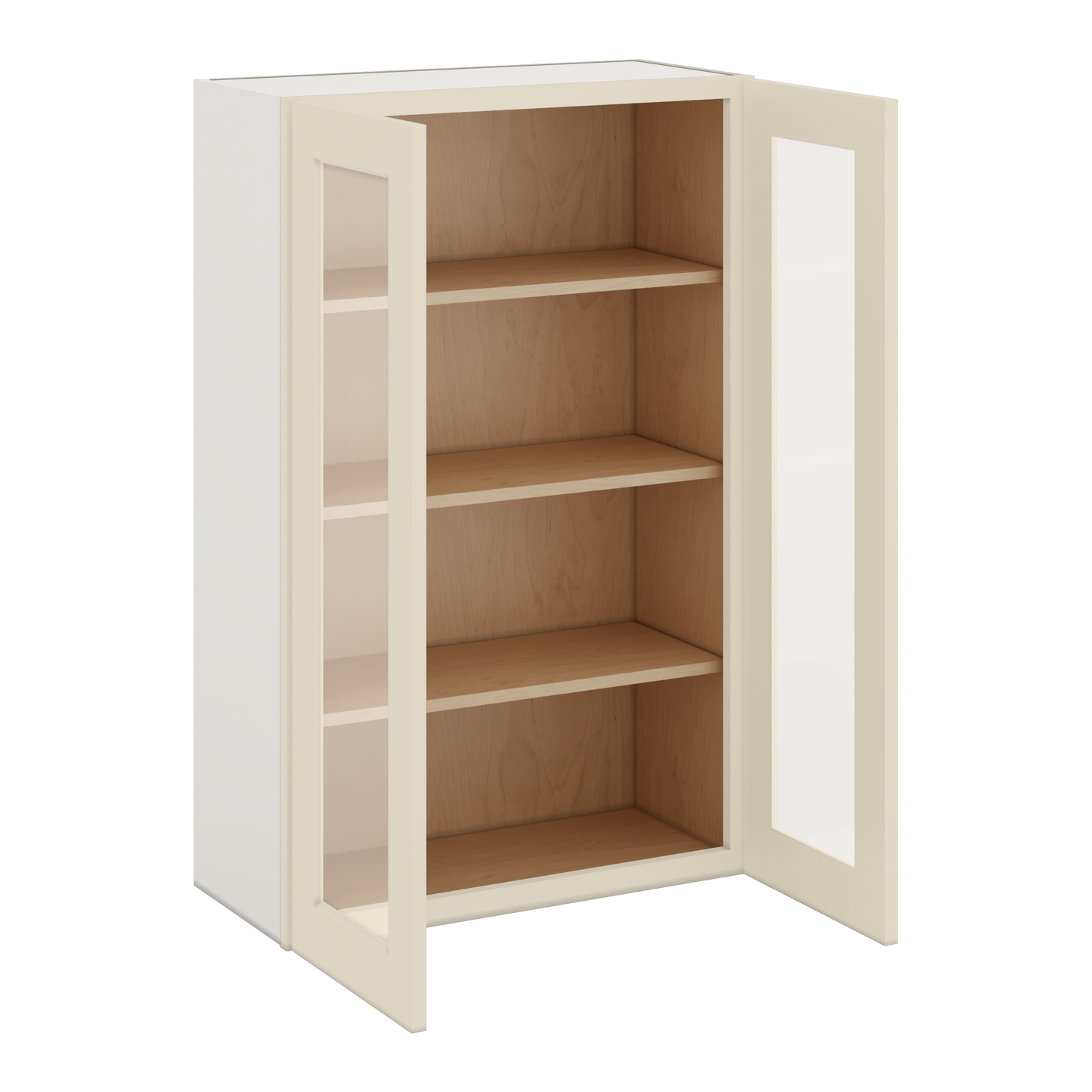 42" Tall Manhattan Cream Shaker 1-1/4" Overlay Wall Glass Cabinet - Double Door 24", 27", 30", 33", 36"