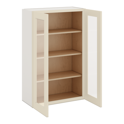 42" Tall Manhattan Cream Shaker 1-1/4" Overlay Wall Glass Cabinet - Double Door 24", 27", 30", 33", 36"