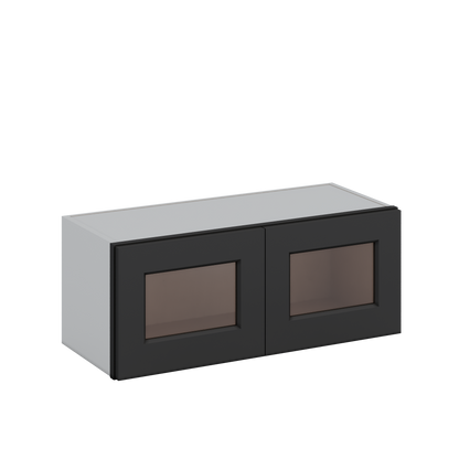 30" Wide Bridge 15HNS Hermosa Noir Black Shaker 1-1/4" Overlay Glass Ready Wall Cabinet - Double Door 12", 15", 18", 21" & 24" Tall