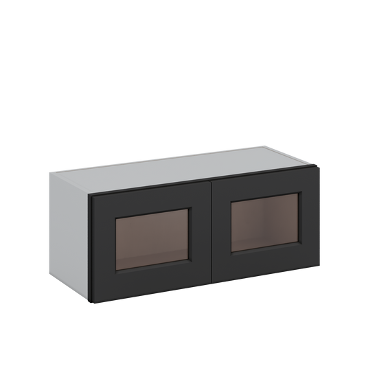 30" Wide Bridge 15HNS Hermosa Noir Black Shaker 1-1/4" Overlay Glass Ready Wall Cabinet - Double Door 12", 15", 18", 21" & 24" Tall