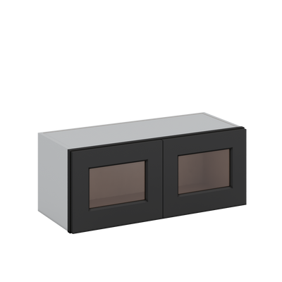 30" Wide Bridge 15HNS Hermosa Noir Black Shaker 1-1/4" Overlay Wall Glass Cabinet - Double Door 12", 15", 18", 21" & 24" Tall