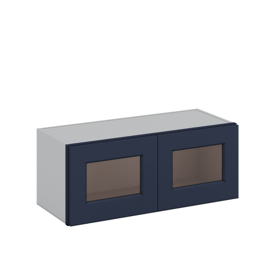 30" Wide Bridge NB29- Naval Blue Shaker 1-1/4" Overlay Glass Ready wall Cabinet - Double Door 12", 15", 18", 21" & 24" Tall