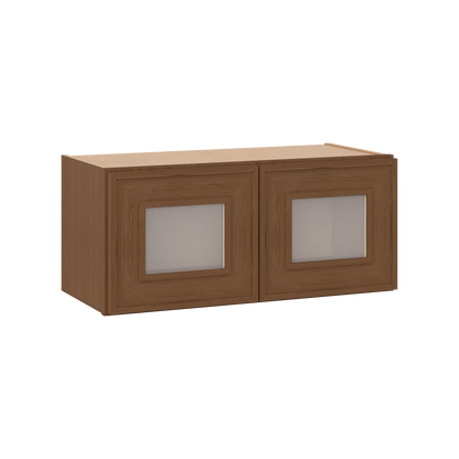 12" Tall 12" Deep - 12", 15", 18", 21", 24", 27", 30", 33" & 36" Wide Glass Door Stacker | Wall Mocha Elegant Oak Craftsman Shaker 1-1/4" Overlay Wall Cabinet