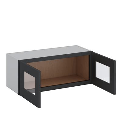 30" Wide Bridge 15HNS Hermosa Noir Black Shaker 1-1/4" Overlay Wall Glass Cabinet - Double Door 12", 15", 18", 21" & 24" Tall
