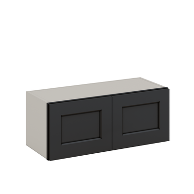 30" Wide Bridge 15HNS Hermosa Noir Black Shaker 1-1/4" Overlay Wall Cabinet - Double Door 12", 15", 18", 21" & 24" Tall