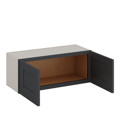 30" Wide Bridge 15HNS Hermosa Noir Black Shaker 1-1/4" Overlay Wall Cabinet - Double Door 12", 15", 18", 21" & 24" Tall
