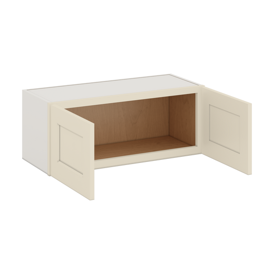 30" Wide Bridge Manhattan Cream Shaker 1-1/4" Overlay Wall Cabinet - Double Door 12", 15", 18", 21" & 24" Tall