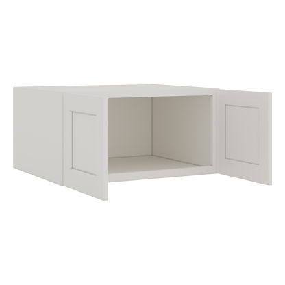 30" Wide 24" Deep Bridge 2WS White Shaker 1-1/4" Overlay Wall Cabinet - Double Door 12", 15", 18", 21" & 24" Tall