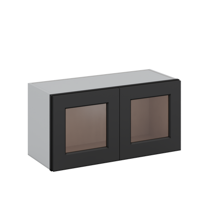 30" Wide Bridge 15HNS Hermosa Noir Black Shaker 1-1/4" Overlay Glass Ready Wall Cabinet - Double Door 12", 15", 18", 21" & 24" Tall