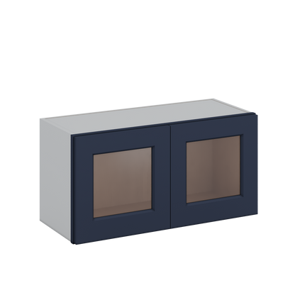30" Wide Bridge NB29- Naval Blue Shaker 1-1/4" Overlay Glass Ready wall Cabinet - Double Door 12", 15", 18", 21" & 24" Tall