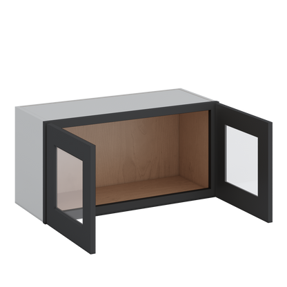 30" Wide Bridge 15HNS Hermosa Noir Black Shaker 1-1/4" Overlay Glass Ready Wall Cabinet - Double Door 12", 15", 18", 21" & 24" Tall