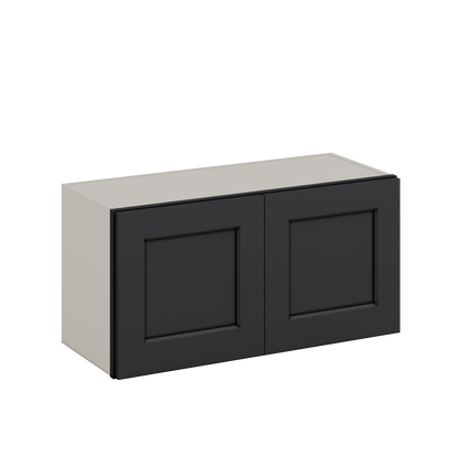 30" Wide Bridge 15HNS Hermosa Noir Black Shaker 1-1/4" Overlay Wall Cabinet - Double Door 12", 15", 18", 21" & 24" Tall