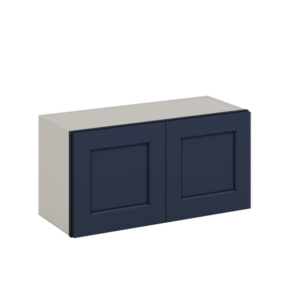 30" Wide Bridge NB29- Naval Blue Shaker 1-1/4" Overlay Wall Cabinet - Double Door 12", 15", 18", 21" & 24" Tall