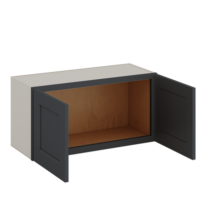 30" Wide Bridge 15HNS Hermosa Noir Black Shaker 1-1/4" Overlay Wall Cabinet - Double Door 12", 15", 18", 21" & 24" Tall