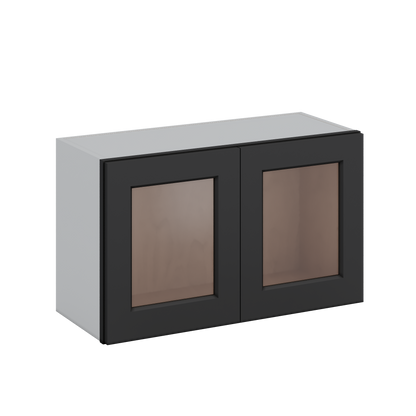 30" Wide Bridge 15HNS Hermosa Noir Black Shaker 1-1/4" Overlay Glass Ready Wall Cabinet - Double Door 12", 15", 18", 21" & 24" Tall