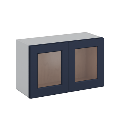 30" Wide Bridge NB29- Naval Blue Shaker 1-1/4" Overlay Glass Ready wall Cabinet - Double Door 12", 15", 18", 21" & 24" Tall