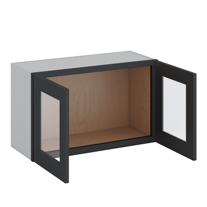 30" Wide Bridge 15HNS Hermosa Noir Black Shaker 1-1/4" Overlay Glass Ready Wall Cabinet - Double Door 12", 15", 18", 21" & 24" Tall
