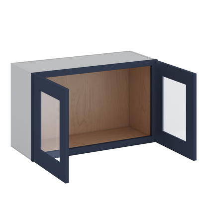 30" Wide Bridge NB29- Naval Blue Shaker 1-1/4" Overlay Glass Ready wall Cabinet - Double Door 12", 15", 18", 21" & 24" Tall