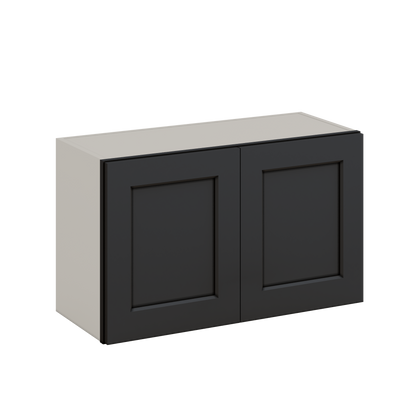 30" Wide Bridge 15HNS Hermosa Noir Black Shaker 1-1/4" Overlay Wall Cabinet - Double Door 12", 15", 18", 21" & 24" Tall