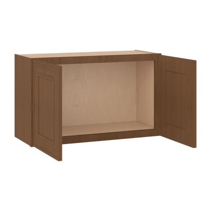 30" Wide Double Door 12", 15", 18", 21"& 24" Tall Bridge Elegant Craftsman Mocha Shaker Wall Cabinet