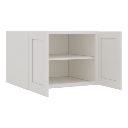 30" Wide 24" Deep Bridge 2WS White Shaker 1-1/4" Overlay Wall Cabinet - Double Door 12", 15", 18", 21" & 24" Tall