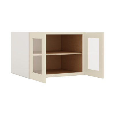 30" Wide 24" Deep Bridge Manhattan Cream Shaker 1-1/4" Overlay Wall Glass Cabinet - Double Door 12", 15", 18", 21" & 24" Tall