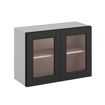30" Wide Bridge 15HNS Hermosa Noir Black Shaker 1-1/4" Overlay Glass Ready Wall Cabinet - Double Door 12", 15", 18", 21" & 24" Tall