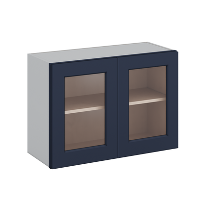 30" Wide Bridge NB29- Naval Blue Shaker 1-1/4" Overlay Glass Ready wall Cabinet - Double Door 12", 15", 18", 21" & 24" Tall