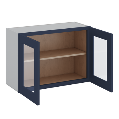 30" Wide Bridge NB29- Naval Blue Shaker 1-1/4" Overlay Glass Ready wall Cabinet - Double Door 12", 15", 18", 21" & 24" Tall