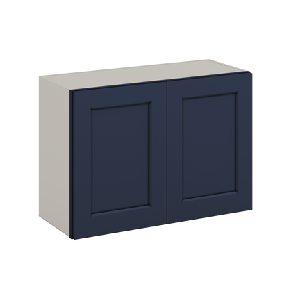 30" Wide Bridge NB29- Naval Blue Shaker 1-1/4" Overlay Wall Cabinet - Double Door 12", 15", 18", 21" & 24" Tall