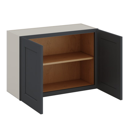 30" Wide Bridge 15HNS Hermosa Noir Black Shaker 1-1/4" Overlay Wall Cabinet - Double Door 12", 15", 18", 21" & 24" Tall