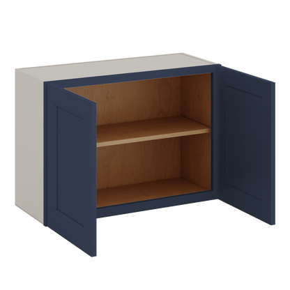 30" Wide Bridge NB29- Naval Blue Shaker 1-1/4" Overlay Wall Cabinet - Double Door 12", 15", 18", 21" & 24" Tall