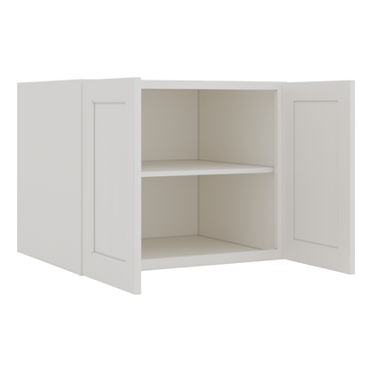 30" Wide 24" Deep Bridge 2WS White Shaker 1-1/4" Overlay Wall Cabinet - Double Door 12", 15", 18", 21" & 24" Tall