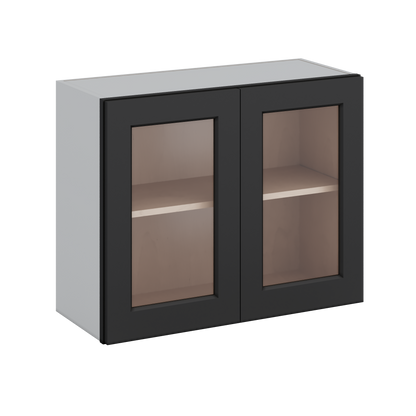 30" Wide Bridge 15HNS Hermosa Noir Black Shaker 1-1/4" Overlay Glass Ready Wall Cabinet - Double Door 12", 15", 18", 21" & 24" Tall