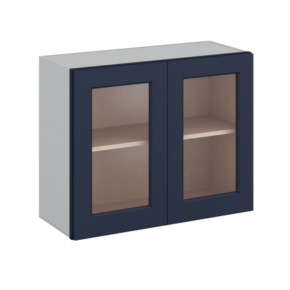 30" Wide Bridge NB29- Naval Blue Shaker 1-1/4" Overlay Glass Ready wall Cabinet - Double Door 12", 15", 18", 21" & 24" Tall
